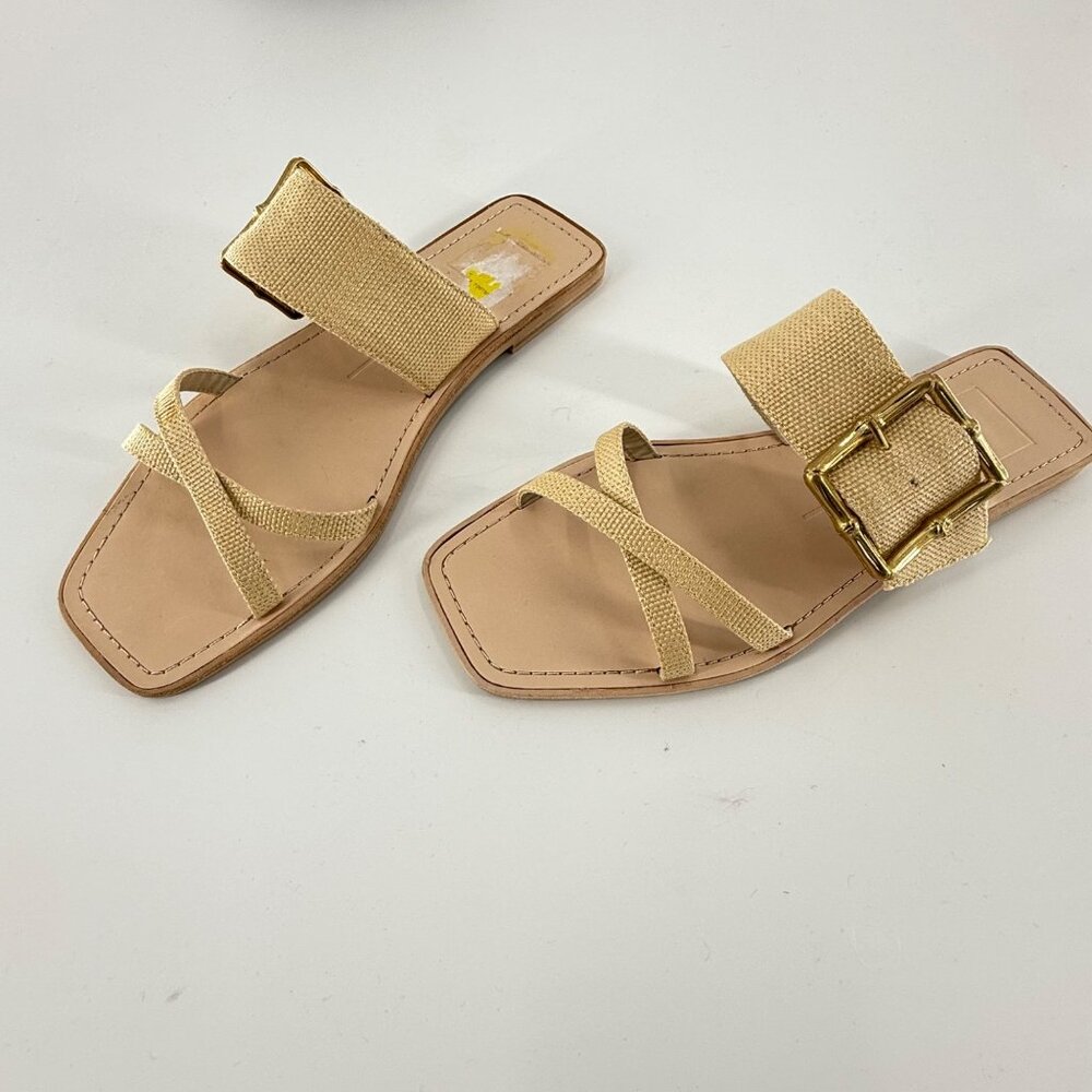 Lowyn Natural Sandals With Canvas Straps & Gold Buckles  Size 7.5